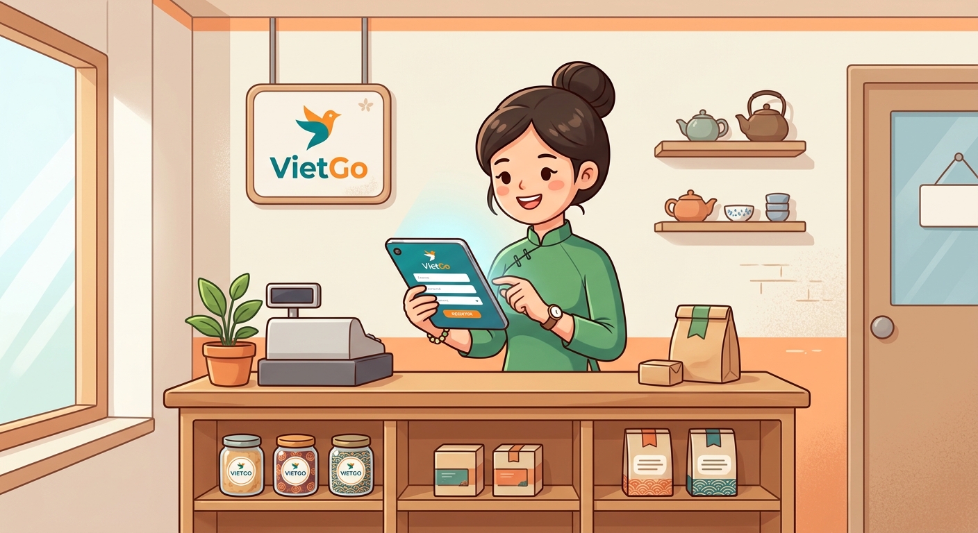 Minh hoạ merchant đăng ký cửa hàng trên ứng dụng VietGo.